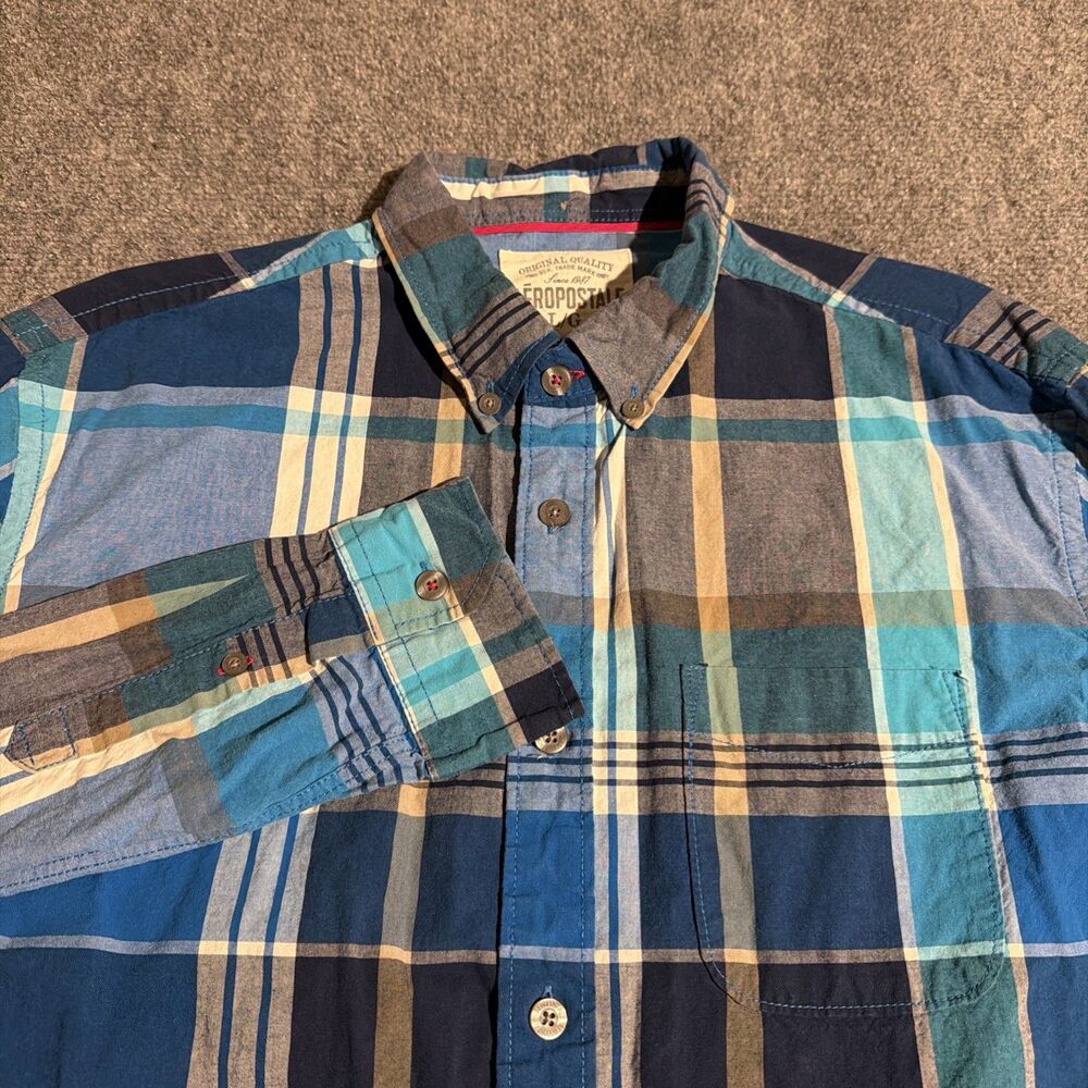 Vtg Aeropostale Shirt Mens Large Blue Plaid Button Down Long Sleeve Y2K